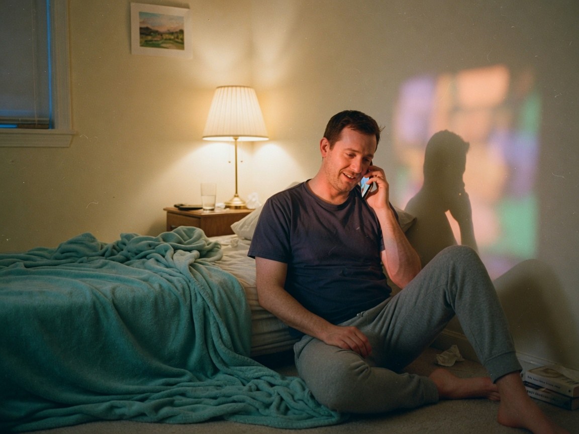 Someone sitting by the bed at night, talking on the phone in warm lamplight.
