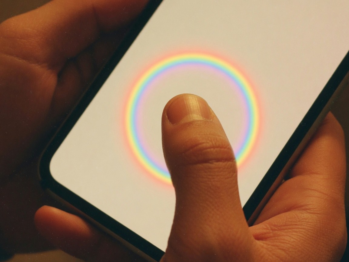A thumb holding the center of a phone while a colorful ring fills.