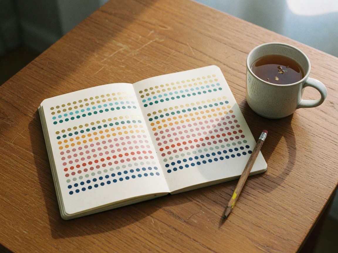 A notebook of colored dots on a kitchen table, like a week of moods.