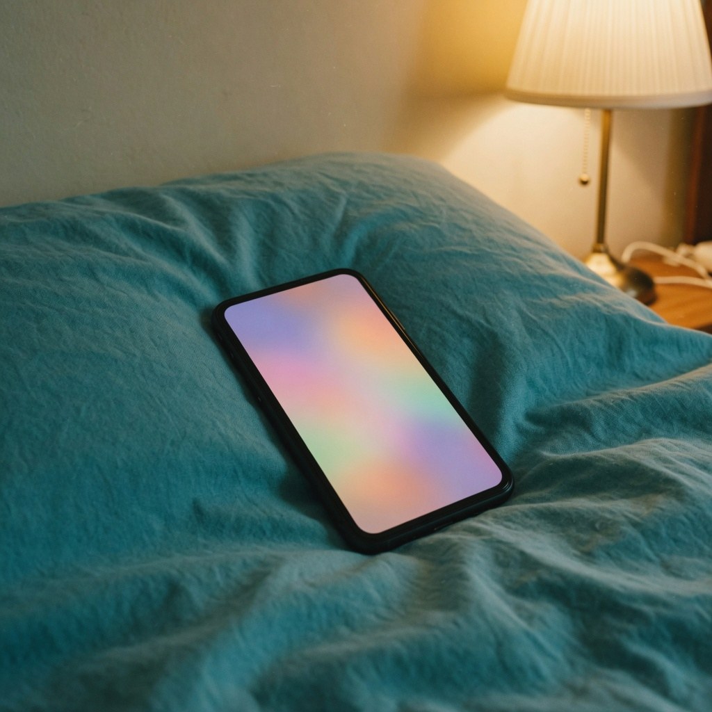 A phone glowing softly on a bed at night.