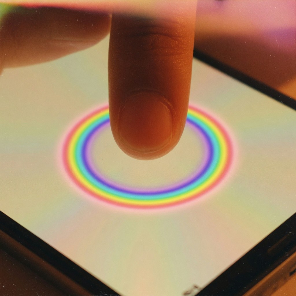 A thumb holding a glowing color ring on a phone.