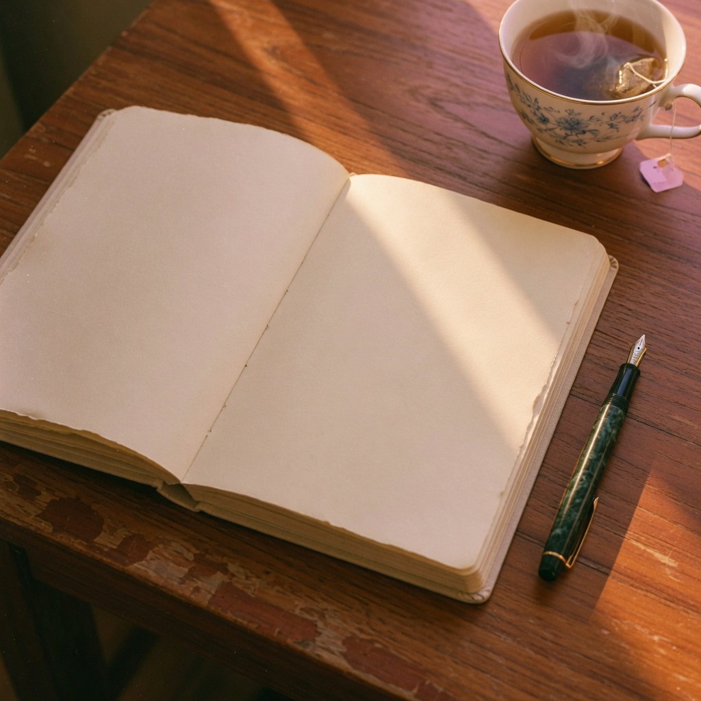 An open journal and a cup of tea in afternoon light.