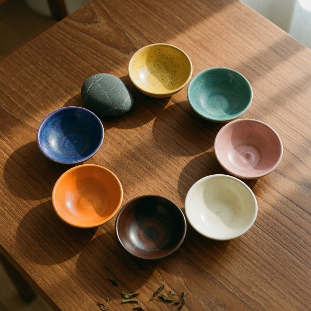 Seven small colored bowls in a circle on a wooden table.