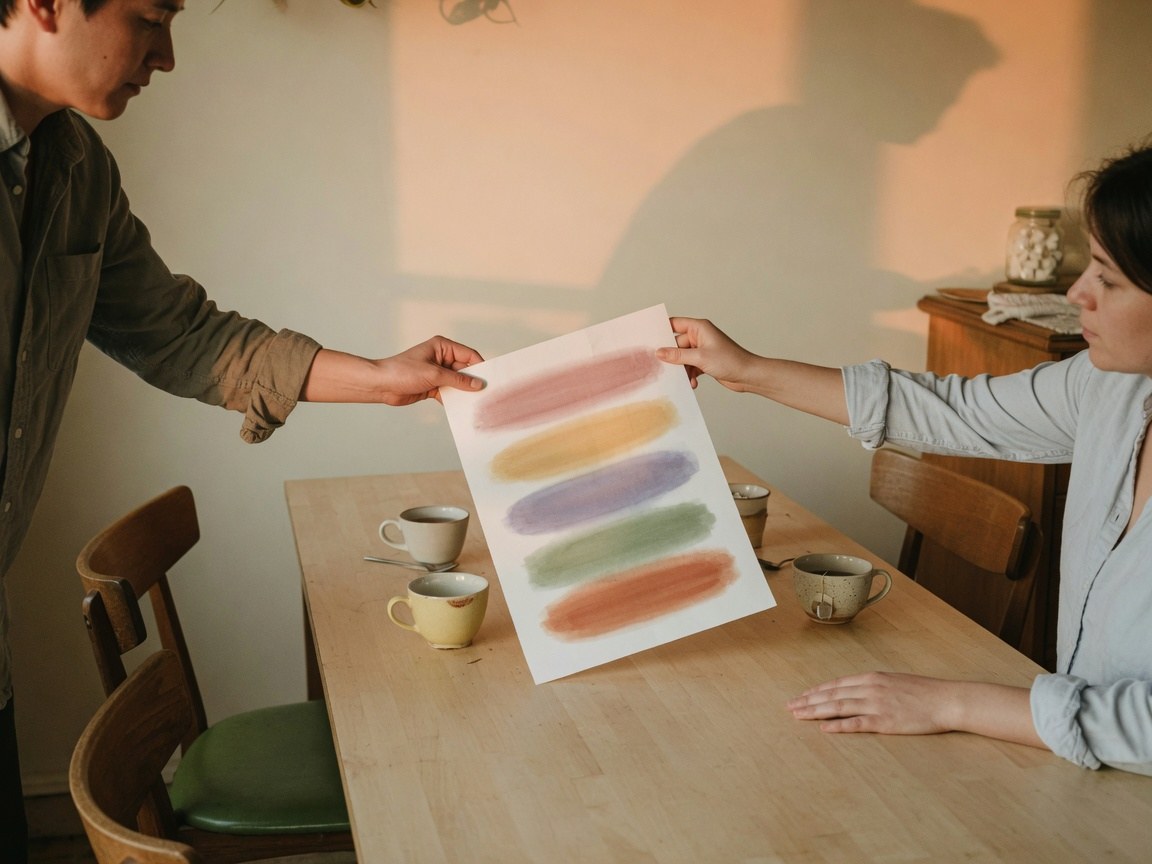 Two people at a kitchen table passing a simple color chart, like sharing a week of feelings.